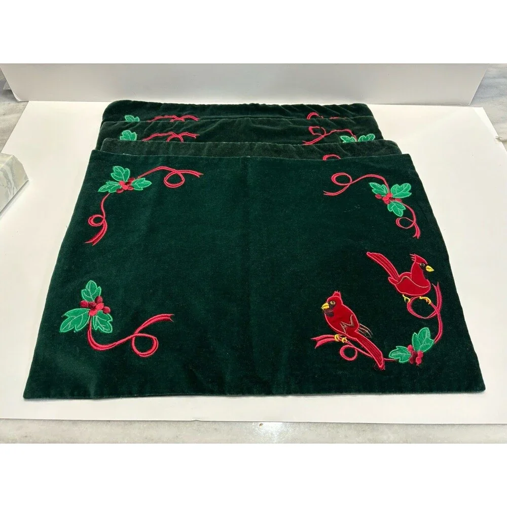 Christmas Placemats Quilted Embroidered Velvet Cardinal Holly Set of 4 13x17